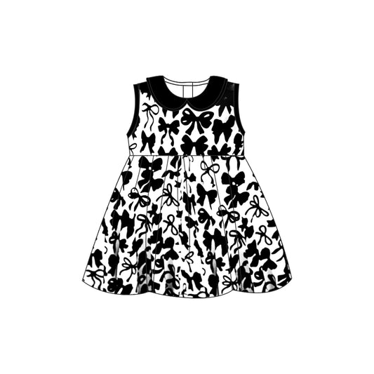 (Custom Design Preorder MOQ 5) Black Bows Print Girls Summer Knee Length Dress