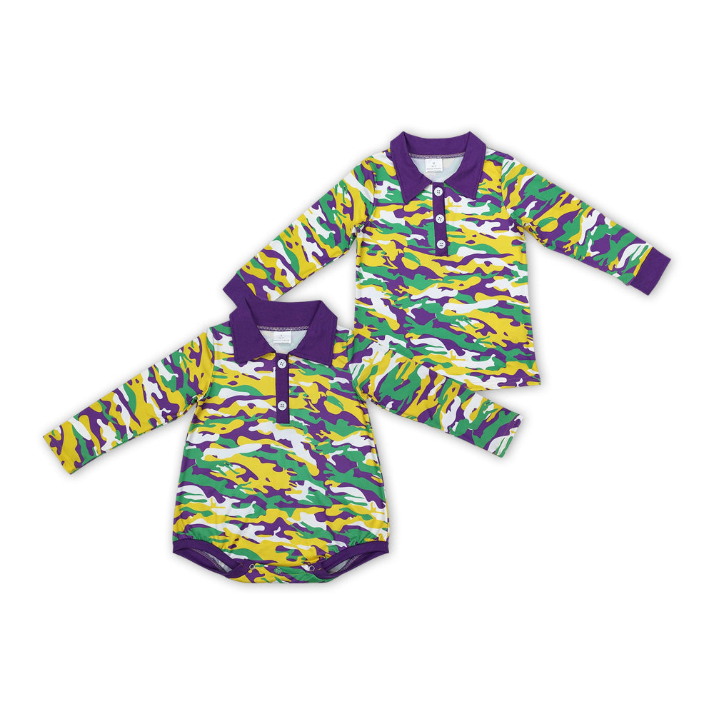 Purple Green Yellow Camo Print Brothers Mardi Gras Matching Clothes