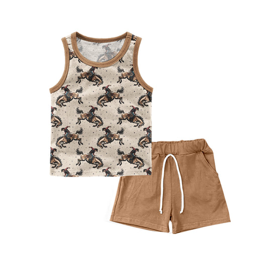 11.30(Custom Design Preorder MOQ 5 ) Rodeo Vest Top Brown Shorts Boys Summer Clothes Set