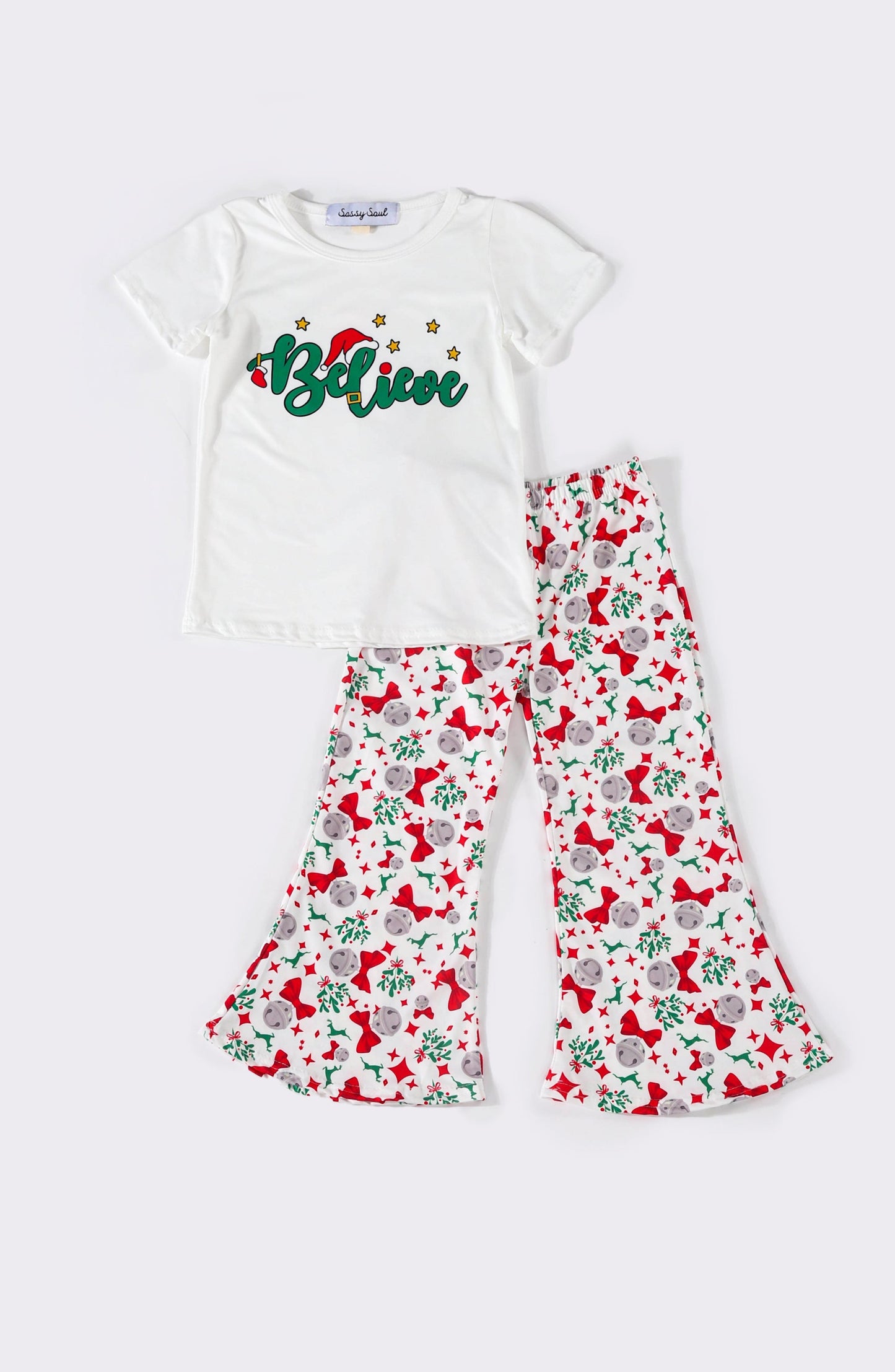 (Custom Design Preorder MOQ 5) Belive Top Holly Bell Pants Girls Christmas Clothes Set