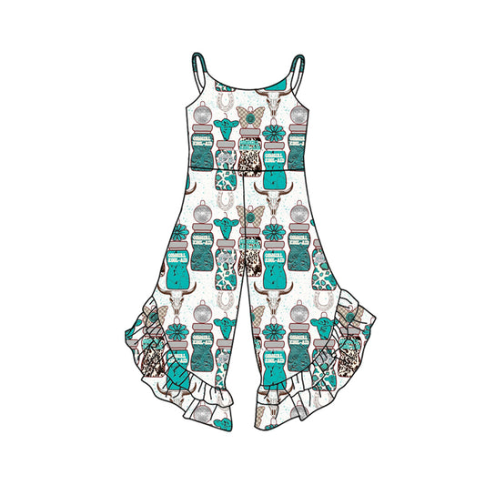 2.26(Custom Design Preorder MOQ 5) Turquoise Nursing Bottle Print Girls Summer Jumpsuits