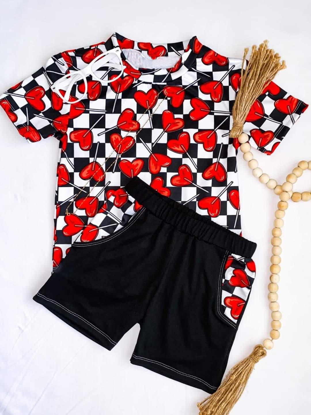 (Custom Design Preorder MOQ 5) Heart Lollipop Print Top Black Shorts Boys Valentine's Clothes Set