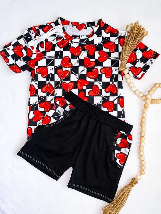 (Custom Design Preorder MOQ 5) Heart Lollipop Print Top Black Shorts Boys Valentine's Clothes Set