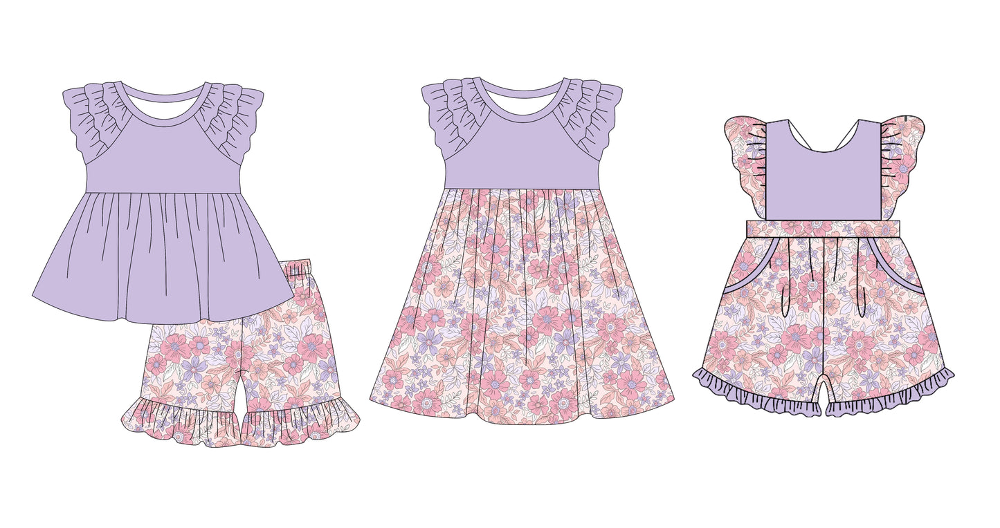 12.10(Custom Design Preorder MOQ 5 Each Design) Flowers Purple Print Girls Summer Matching Clothes Sisters Wear