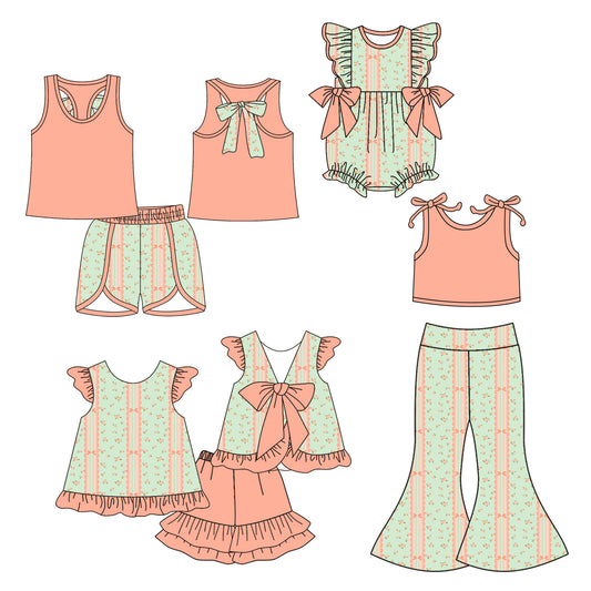 5.6(Custom Design Preorder MOQ 5 Each Design) Pink Green Small Flowers Print Girls Summer Matching Clothes Sisters Wear