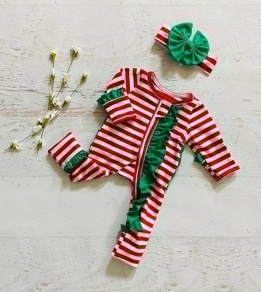 (Custom Design Preorder MOQ 5)  Red Stripes Print Green Ruffle Baby Girls Christmas Sleeper Zipper Romper