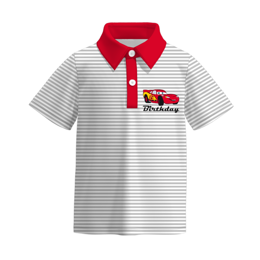 (Custom Design Preorder MOQ 5) Cartoon Car Brithday Stripes Print Boys Summer Polo Tops