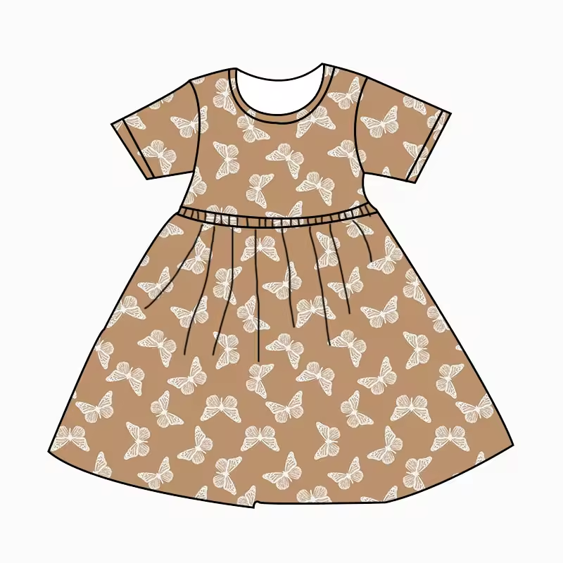 (Custom Design Preorder MOQ 5) Butterfly Brown Print Girls Knee Length Summer Dress