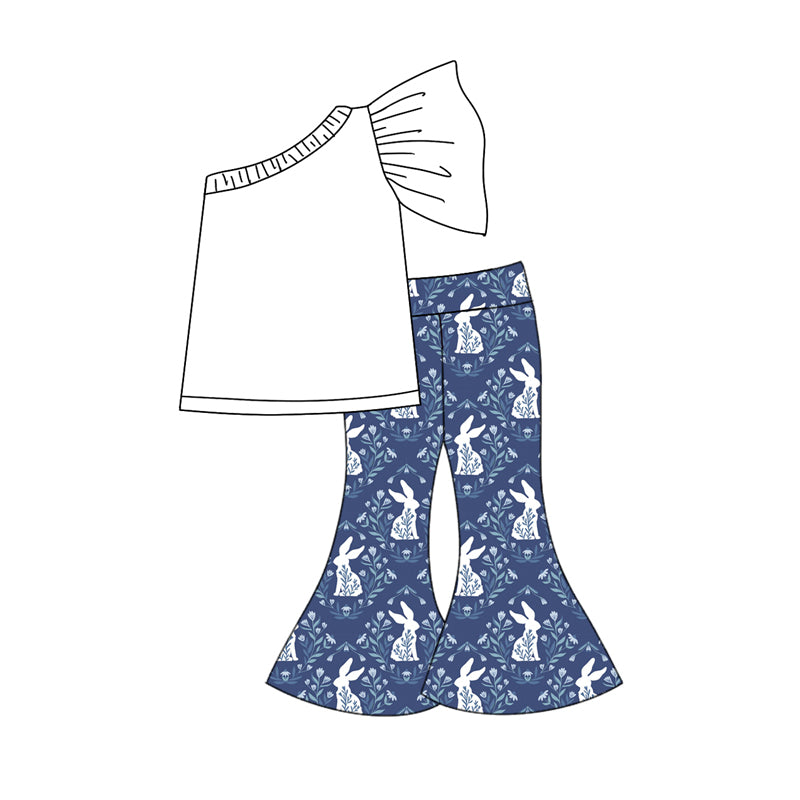 (Custom Design Preorder MOQ 5) White Top Bunny Flowers Navy Bell Pants Girls Easter Clothes Set