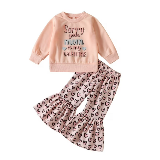 (Custom Design Preorder MOQ 5) MOM is My Valentine Top Heart Bell Pants Girls Valentine's Day Clothes Set