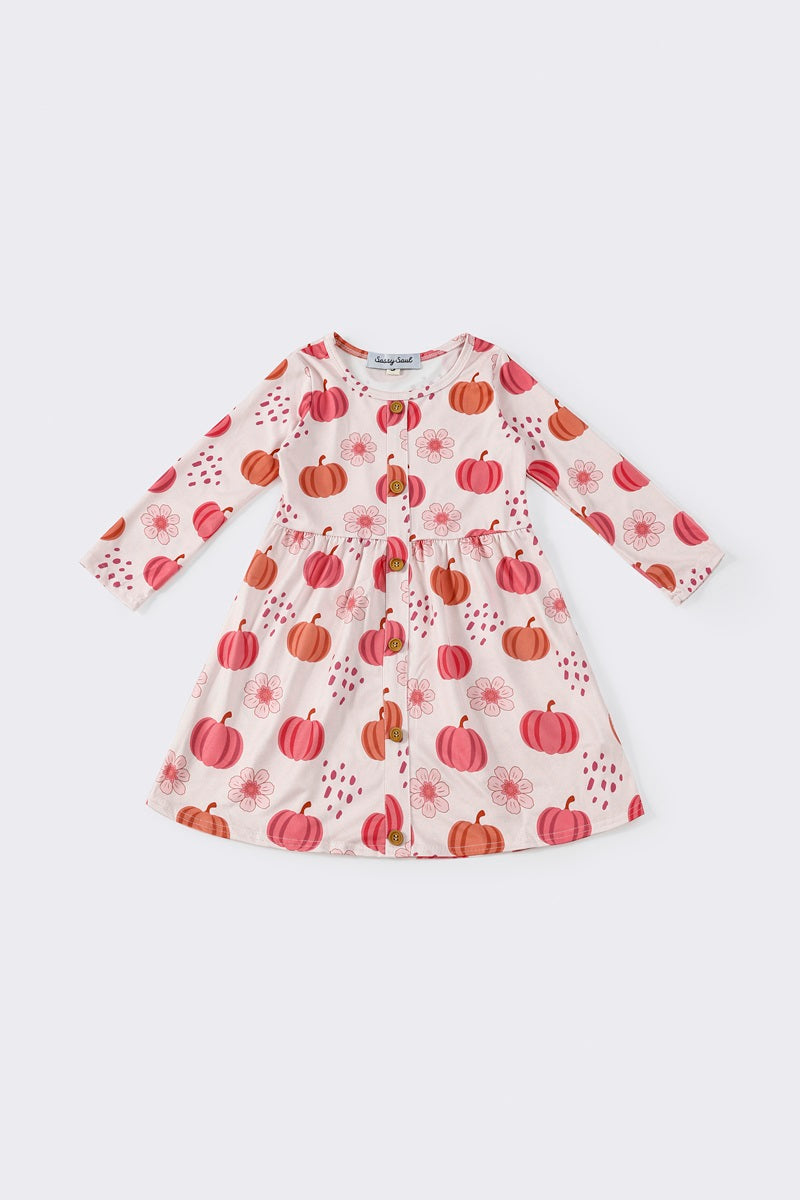 (Custom Design Preorder MOQ 5) Pumpkin Flowers Print Girls Knee Length Fall Dress