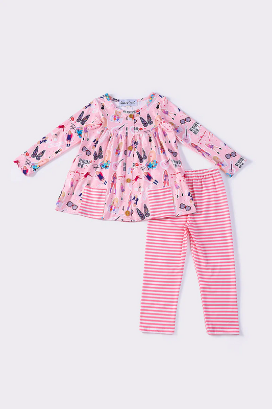 (Custom Design Preorder MOQ 5) Singer Swiftie Pockets Tunic Top Stripes Pants Girls Clothes Set