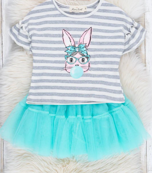 (Custom Design Preorder MOQ 5) Bunny Stripes Top Tulle Skirts Girls Easter Clothes Set
