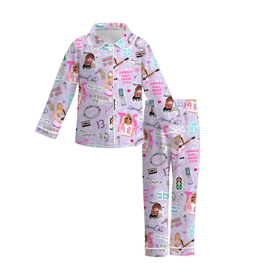 (Custom Design Preorder MOQ 5)  Singer Swiftie Purple Print Girls Fall Buttons Pajamas Clothes Set