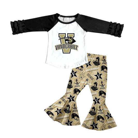 (Custom Design Preorder MOQ 5) Team's VANDERBILT Print Bell Pants Girls Fall Clothes Set