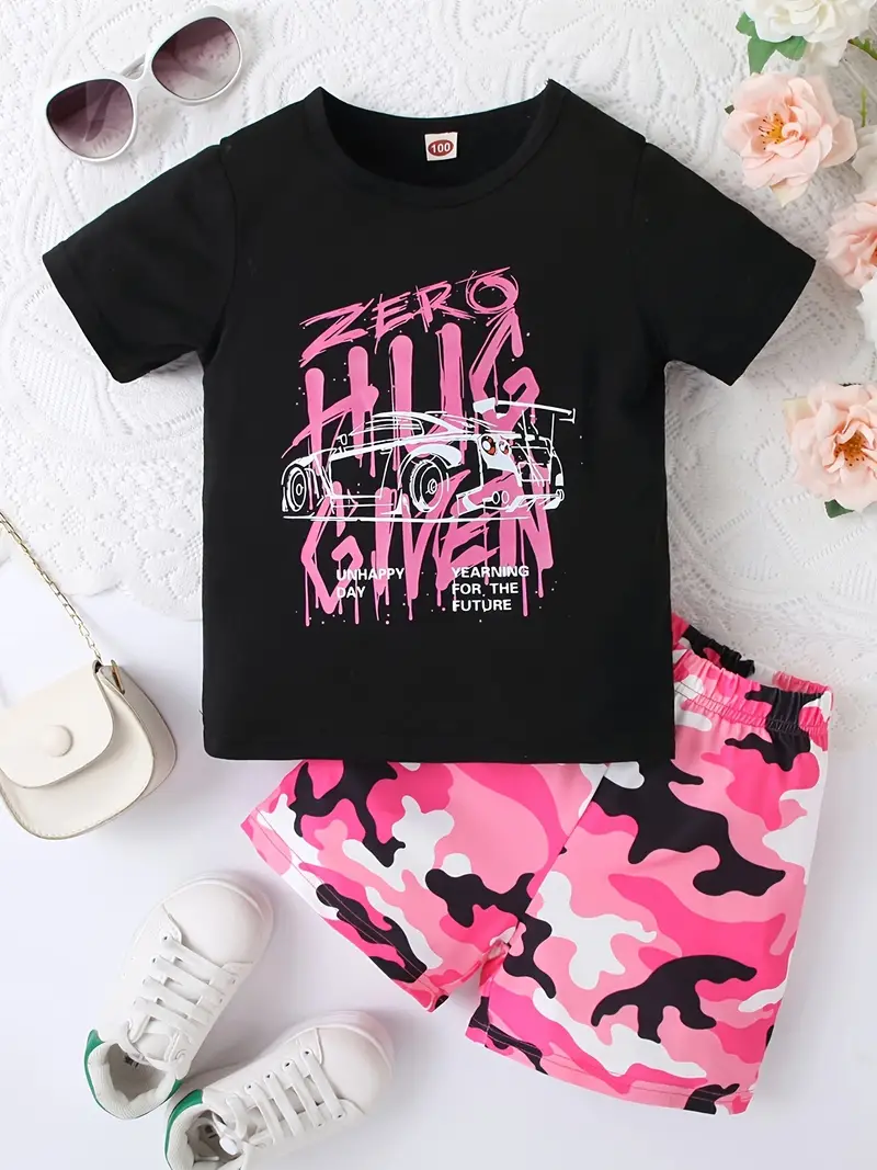 (Custom Design Preorder MOQ 5)  ZERO Top Pink Camo Shorts Girls Summer Clothes Set