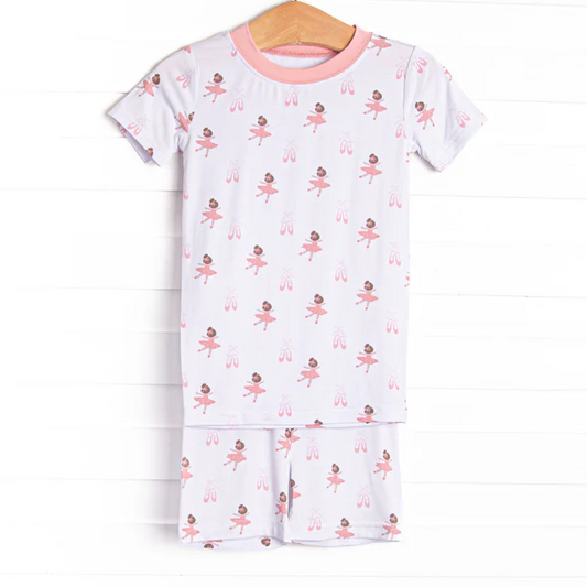 (Custom Design Preorder MOQ 5) Dancing Pink Print Shorts Girls Summer Pajamas Clothes Set