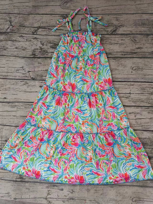 NO.3 (Custom Design Preorder MOQ 5)  Colordul Flowers Print Girls Summer Ankle Length Strap Dress