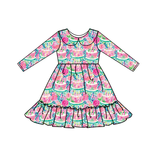(Custom Design Preorder MOQ 5) Flowers Cake Print Girls Happy Birthday Knee Length Dress