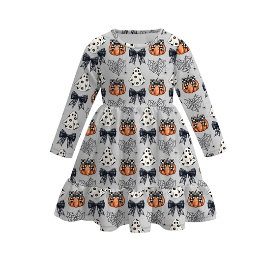 (Custom Design Preorder MOQ 5) Ghost Pumpkin Bows Print Girls Knee Length Halloween Dress