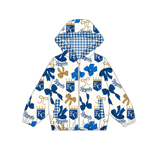 (Custom Design Preorder MOQ 5) Team's Royals Bows Print Pockets Girls Long Sleeve Zipper Jackets Top