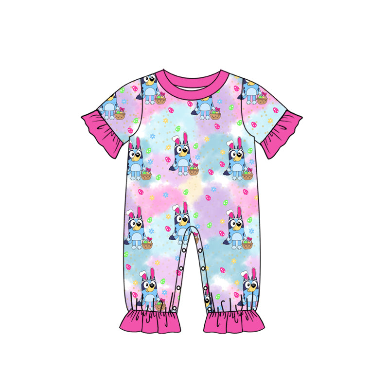 (Custom Design MOQ 5) Cartoon Dog Tie-dye Print Baby Girls Easter Romper