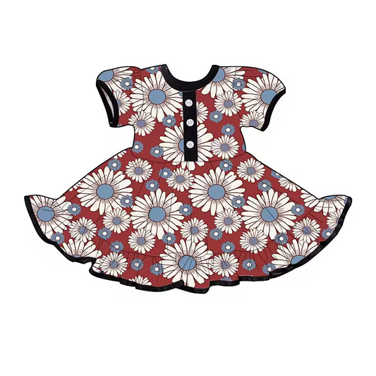 (Custom Design Preorder MOQ 5) Flowers Print Girls Knee Length Summer Dress