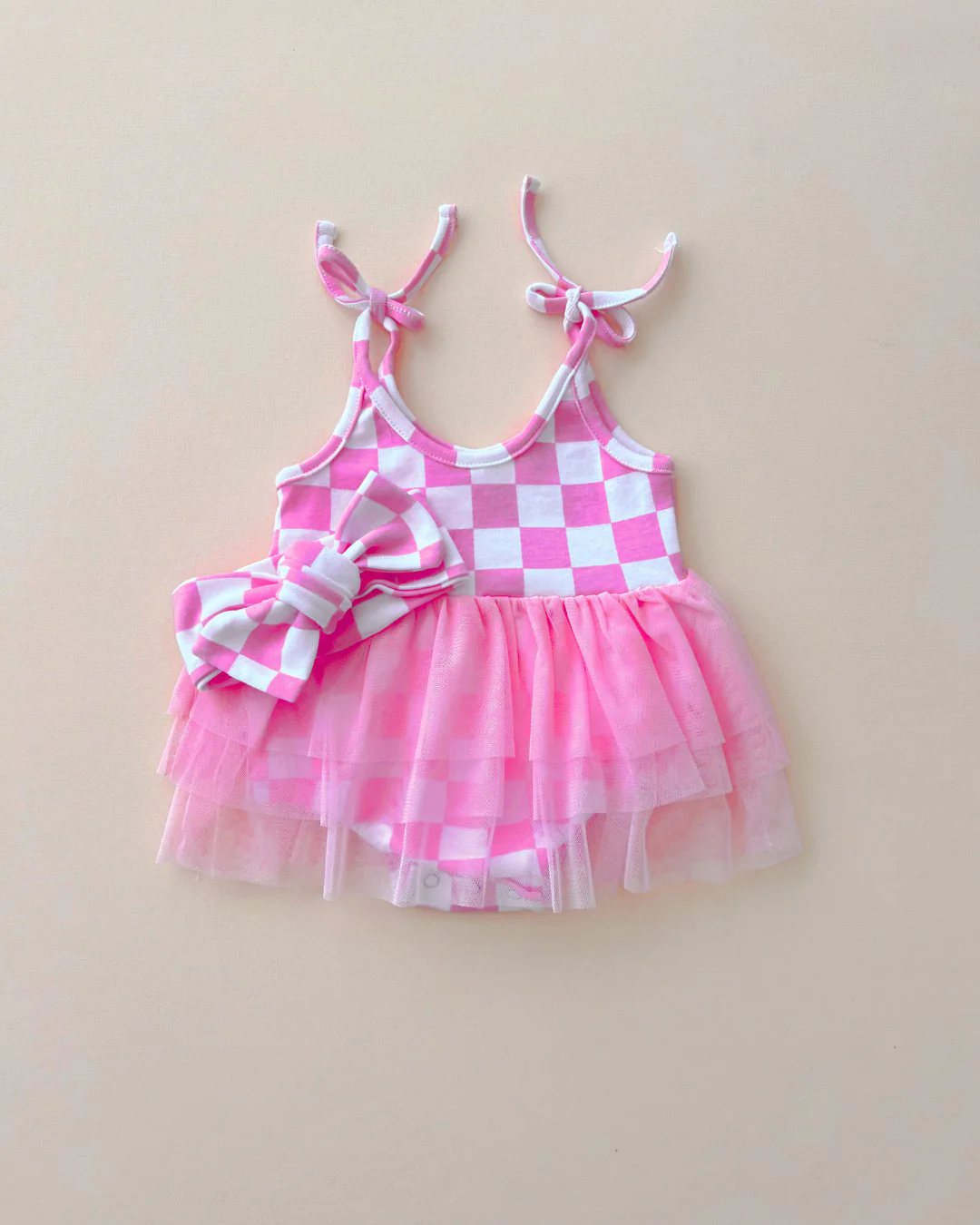 (Custom Design Preorder MOQ 5)  Pink Plaid Print Baby Girls Summer Tulle Romper