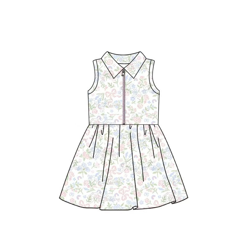 (Custom Design Preorder MOQ 5) Small Flowers Bows Print Girls Summer Zipper Yoga Dress