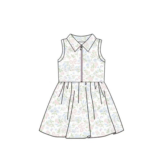 (Custom Design Preorder MOQ 5) Small Flowers Bows Print Girls Summer Zipper Yoga Dress