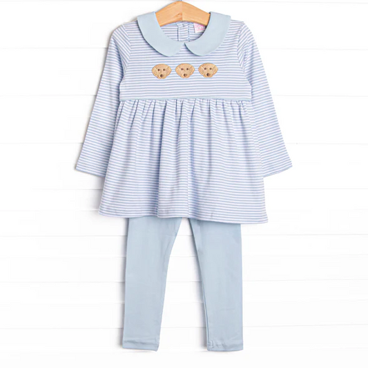 (Custom Design Preorder MOQ 5) Dog Stripes Tunic Top Blue Pants Girls Fall Clothes Set