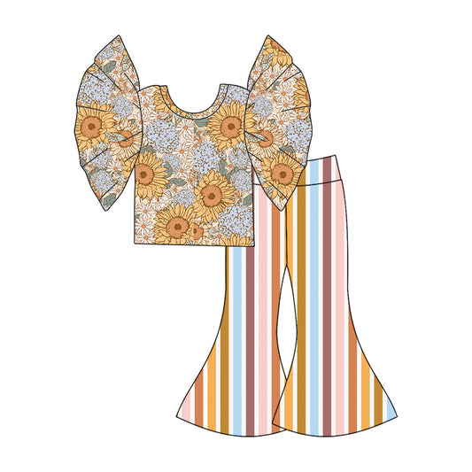 (Custom Design Preorder MOQ 5) Sunflowers Top Stripes Bell Pants Girls Clothes Set