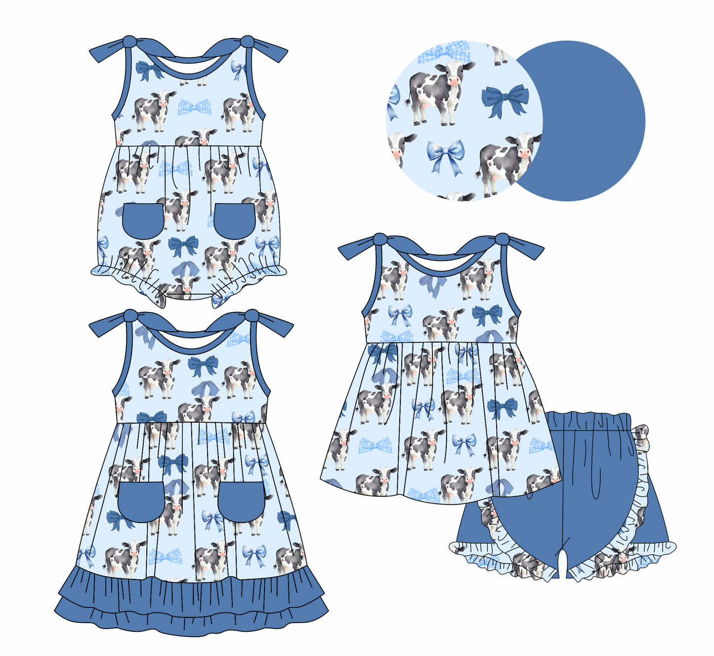 1.6(Custom Design Preorder MOQ 5 Each Design) Cows Blue Bows Print Girls Summer Matching Clothes Sisters Wear