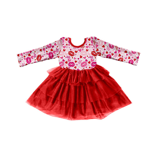 (Custom Design Preorder MOQ 5) Lip Heart Print Girls Valentine's Knee Length Tulle Dress