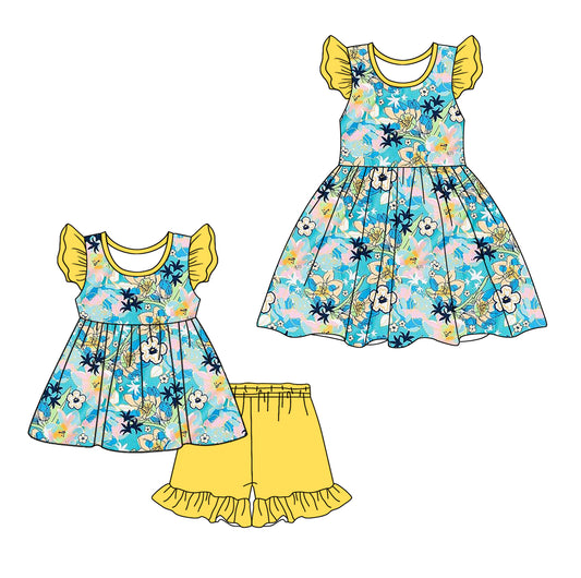 12.11(Custom Design Preorder MOQ 5 Each Design) Blue Flowers Print Girls Summer Matching Clothes Sisters Wear