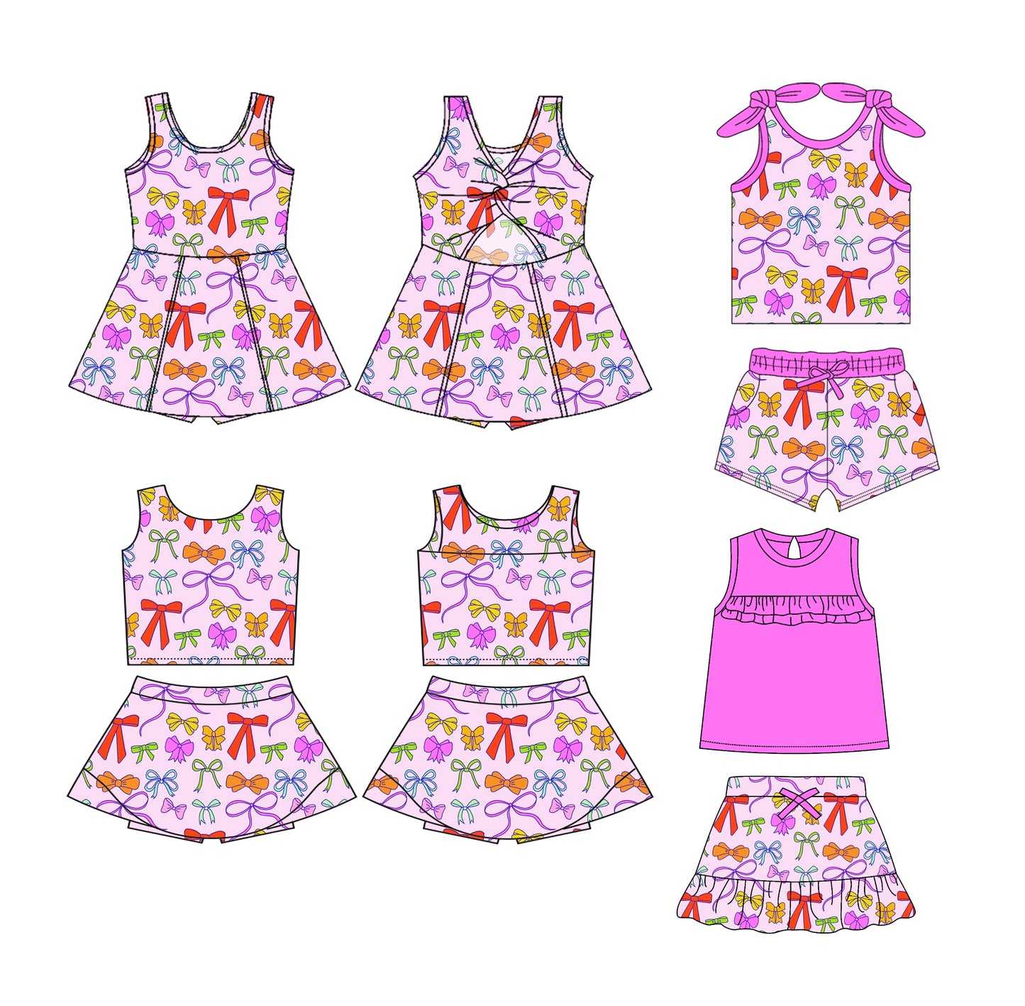 2.24(Custom Design Preorder MOQ 5 Each Design) Colorful Bows Print Girls Summer Matching Clothes Sisters Wear