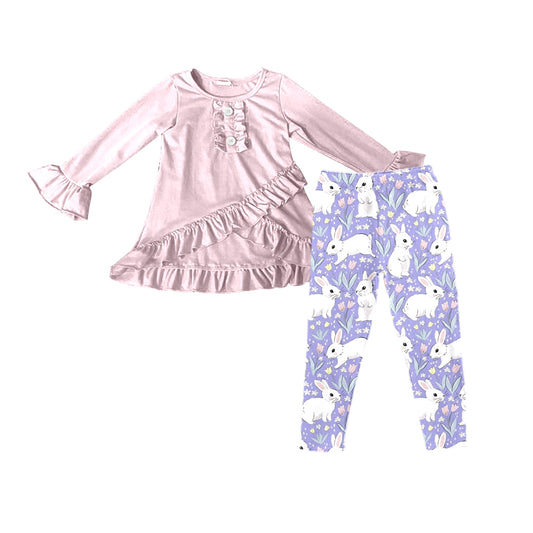 (Custom Design Preorder MOQ 5) Pink Top Purple Flowers Bunny Print  Legging Pants Girls Easter Clothes Set