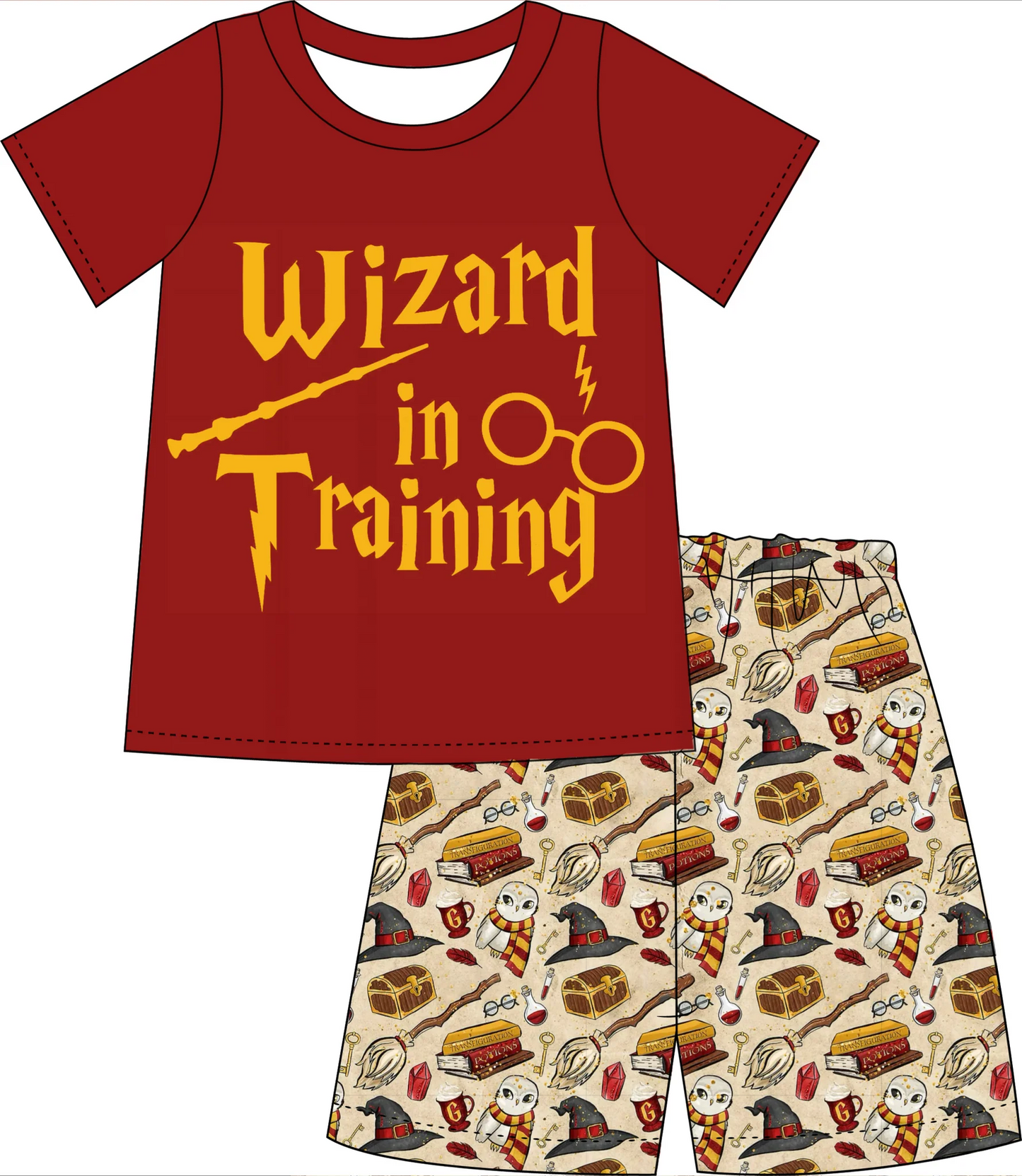 (Custom Design Preorder MOQ 5) Cartoon Magic Print Boys Summer Clothes Set