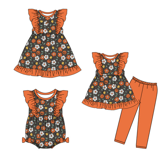 5.6(Custom Design Preorder MOQ 5 Each Design) Flowers Pumpkin Print Girls Halloween Matching Clothes Sisters Wear