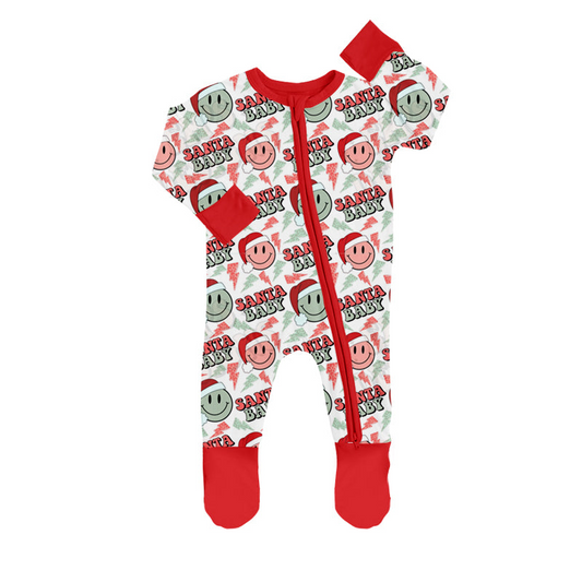 (Split Order Preorder) Deadline November 4 Santa Baby Smiling Print Baby Boys Christmas Sleeper Zipper Romper