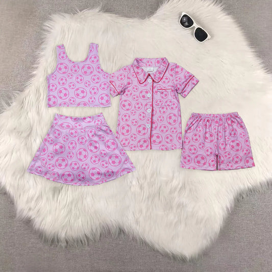 Pink Soccer Print Girls Summer Clothes Set Sisters Wear