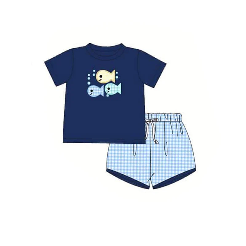 (Custom Design Preorder MOQ 5)  Fish Navy Top Plaid Shorts Boys Summer Clothes Set