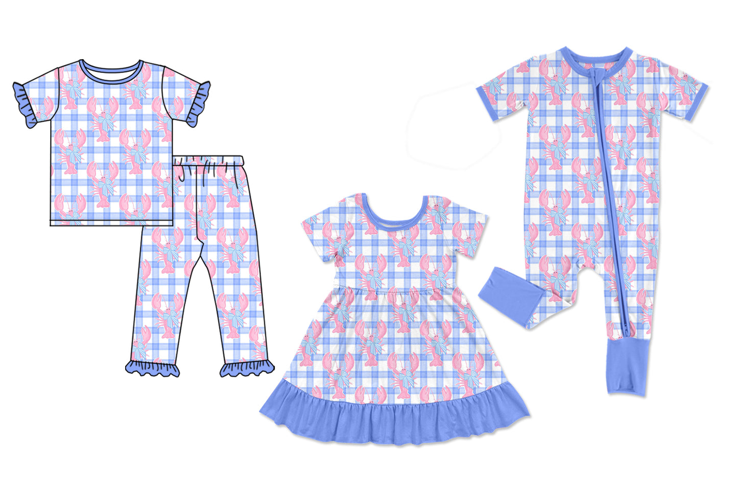 12.4 (Custom Design Preorder MOQ 5 Each Design) Crayfish Bows Plaid Print Girls Matching Clothes Sisters Wear