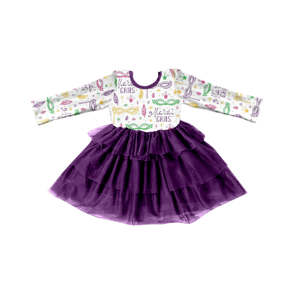 (Custom Design Preorder MOQ 5) Mardi Gras Print Girls Knee Length Tulle Dress