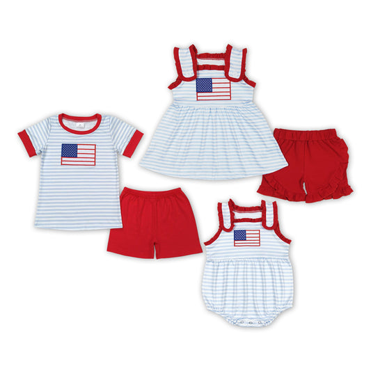Flag Embroidery Stripes Print Sibling 4th of July Matching Clothes