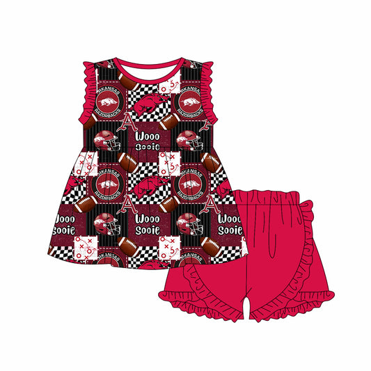 (Custom Design Preorder MOQ 5) Team's Arkansas Razorbacks Plaid Print Girls Summer Clothes Set