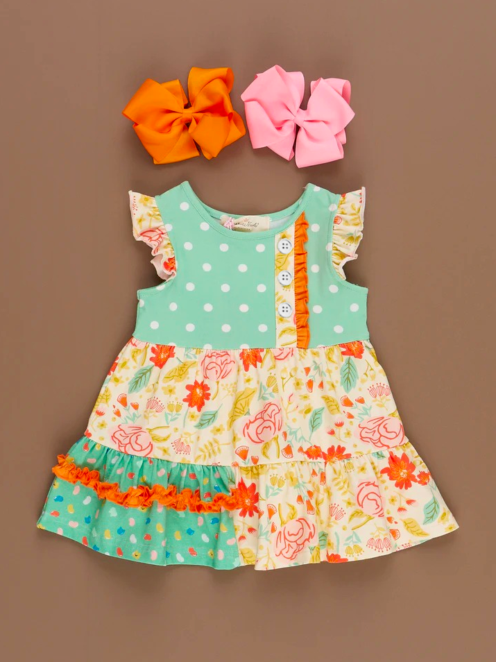 (Custom Design Preorder MOQ 5) Flowers Print Ruffles Girls Knee Length Summer Dress