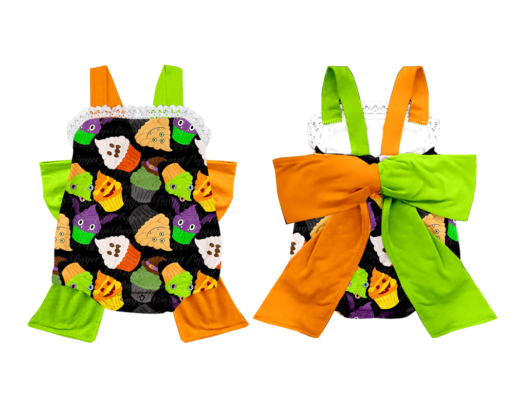 (Custom Design Preorder MOQ 5) Cup Cake Print Baby Girls Halloween Romper Big Bow On the Back