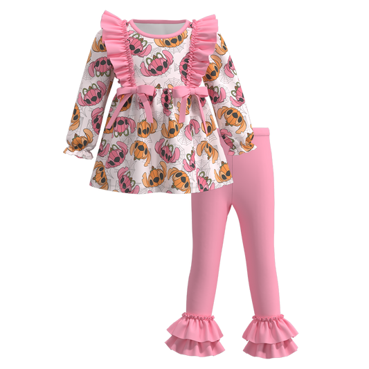 (Custom Design Preorder MOQ 5)  Cartoon Pumpkin Tunic Top Pink Pants Girls Halloween Clothes Set