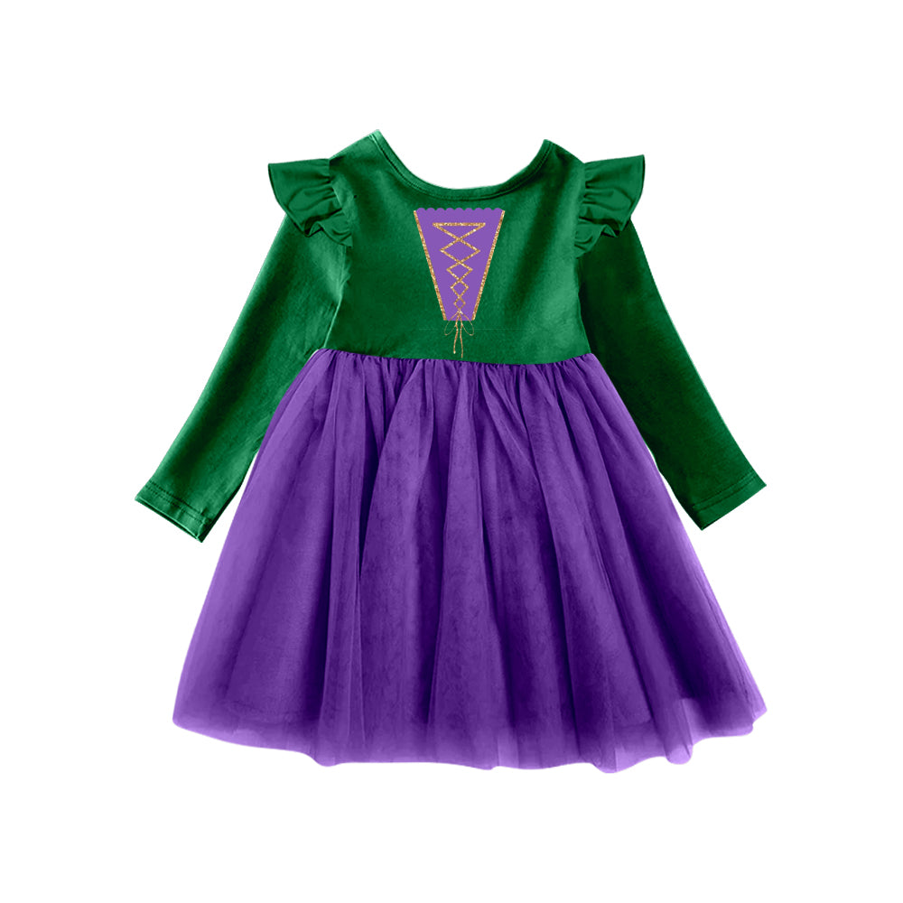 (Custom Design Preorder MOQ 5) Witch's Design Green Top Girls Knee Length Halloween Tulle Dress